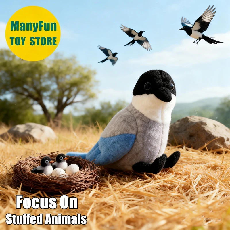 Azure Winged Magpie Plush Toy Lifelike Pica Pica Stuffed Animal Cute Bird Plushie Simulation Magpie Doll Bird Lovers