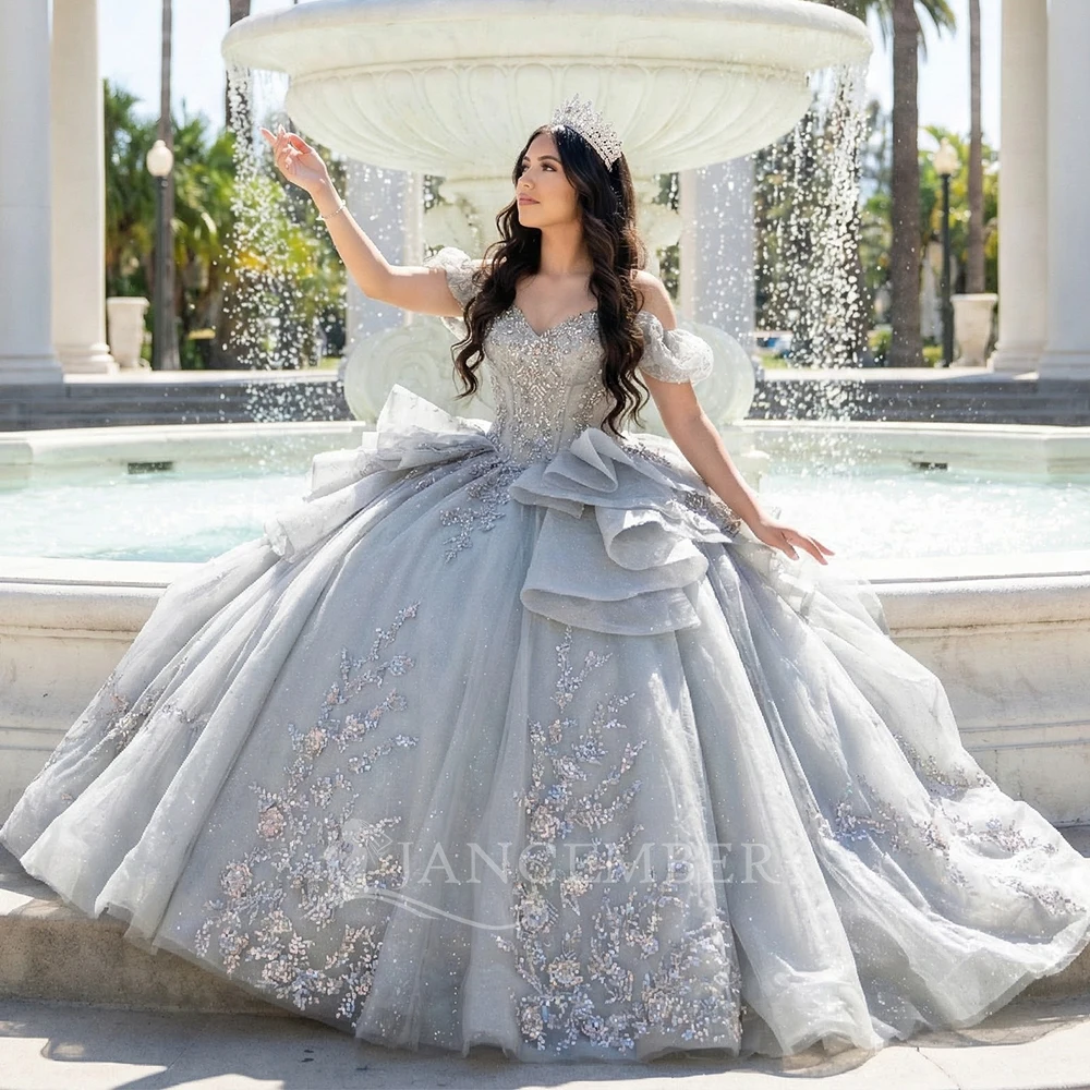 

Exquisite Sequins Beads Quinceanrra Prom Dresses Glitter Lace Short Sleeves Customized Ball Gown vestidos de 15 quinceañera