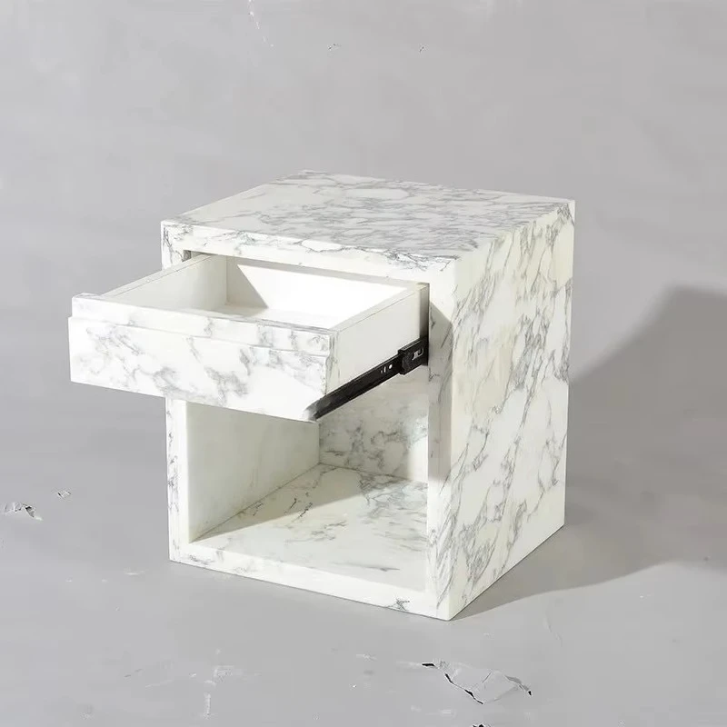Modern Beige Travertine Bedside Table Square Nightstand Luxury Nordic Bedroom Furniture