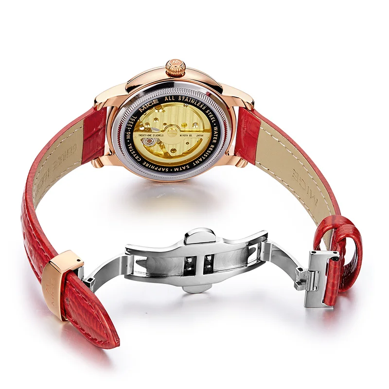 MIGE Women Mechanical Automatic Watch Heart Skeleton Diamond Shell Dial Luxury Elegant Ladies Leather Wristwatch