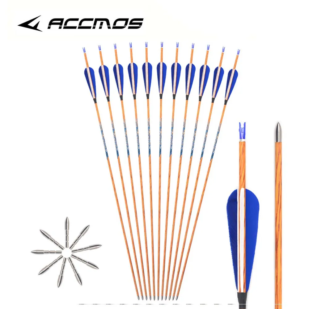 6/12pc Carbon Arrow ID4.2mm Spine 600 700 800 Real Feather Arrow Wood Skin Shaft 31inch for Archery Shooting Hunting