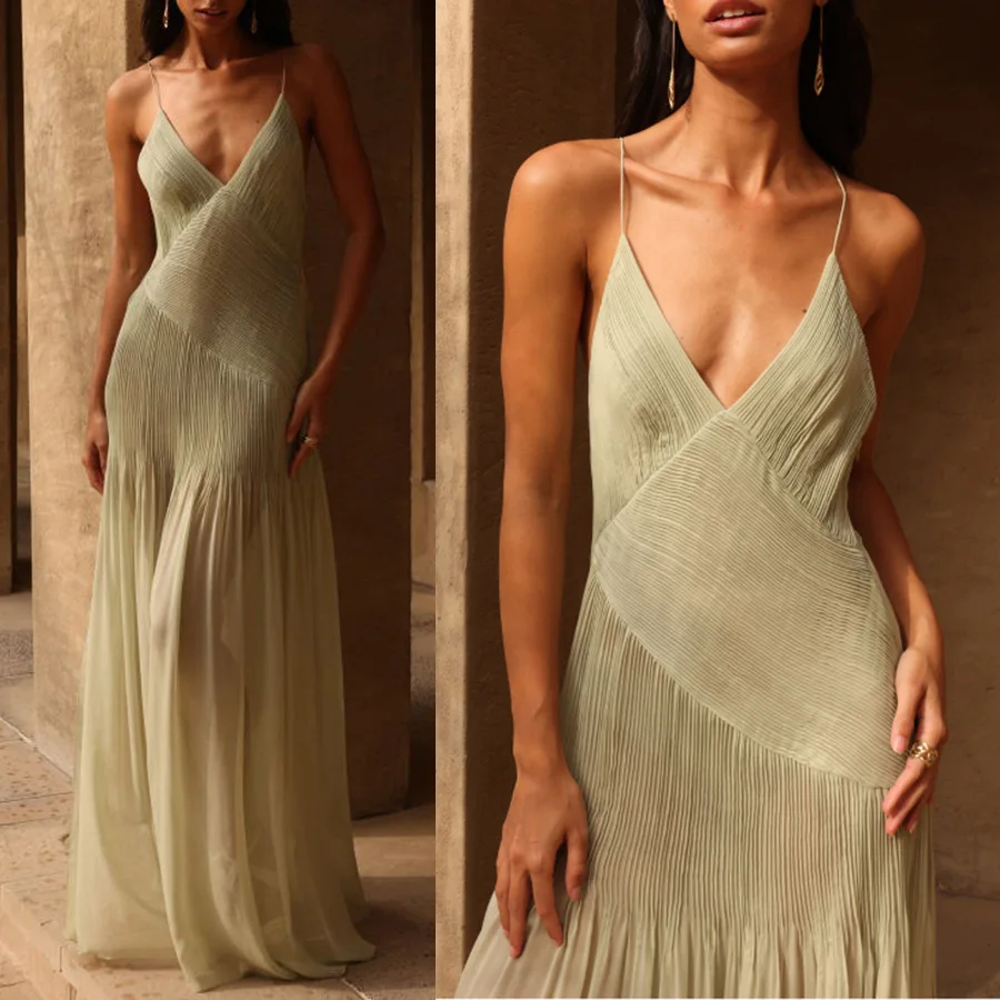 

Sexy Backless Party Dress Women V-neck Sleeveless Sling Green Maxi Female Beach Dresses 2024 Summer High Split Cotton Lady Robe