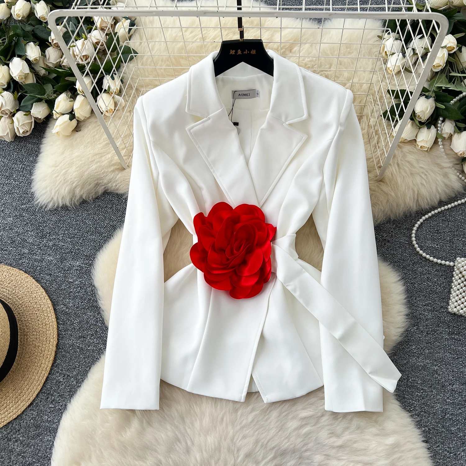

SuperAen Three-dimensional Flower Slimming Suit Women 2025 Summer New Korean Style Fashion Tied Waist Long-sleeved Jacket