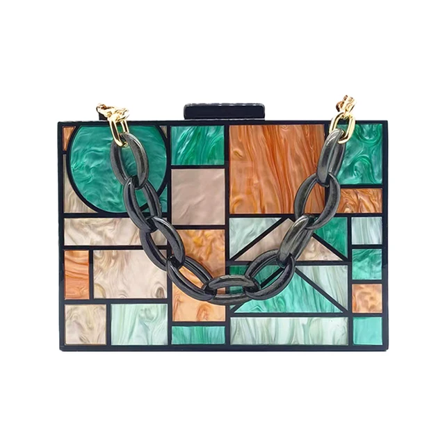 Nowe luksusowe akrylowe torebki wieczorowe elegancka torebka z kopertówką wielokolorowa patchworkowa torba Crossbody Party portfel damski modne torebki z łańcuszkiem