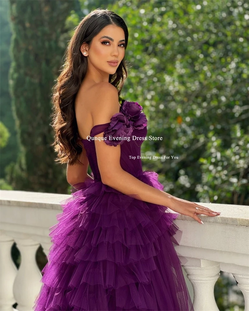 Qunque Exquisite Tiered A-line Evening Dresses One Shoulder Pleat Customized Flowers Homecoming Dress Morden Vestidos De Fiesta