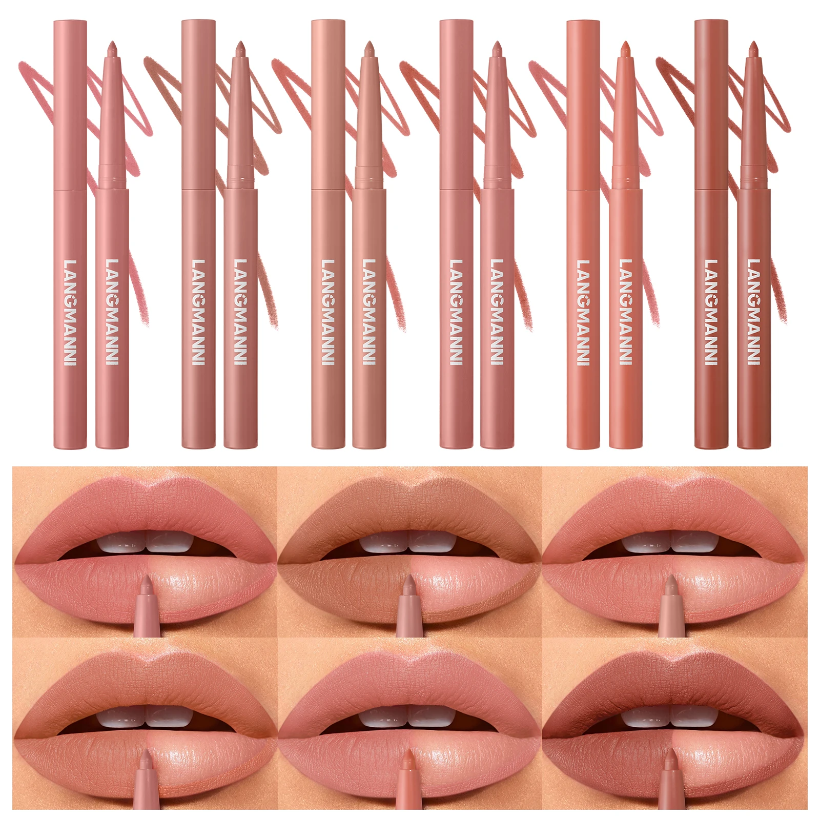 LANGMANNI Lápiz labial de terciopelo mate de 6 piezas para un modelado preciso de labios, resistente al agua, al sudor, que no mancha y colores vivos.