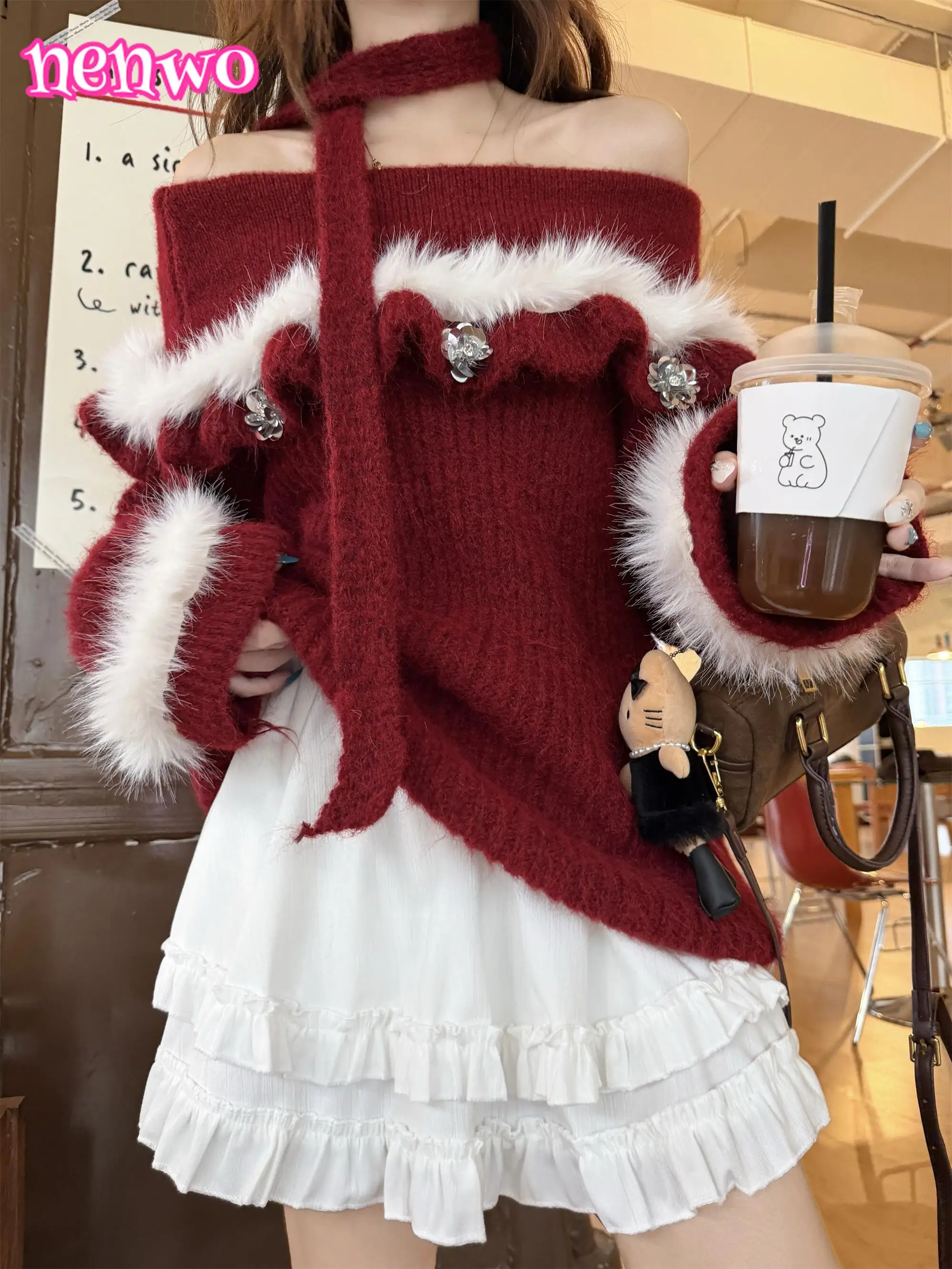 

New Year Christmas Red Knitted Sweater & Skirt Women's Autumn/Winter Furry Off Shoulder Kawaii Loose Long Sleeve Sweet Pullover