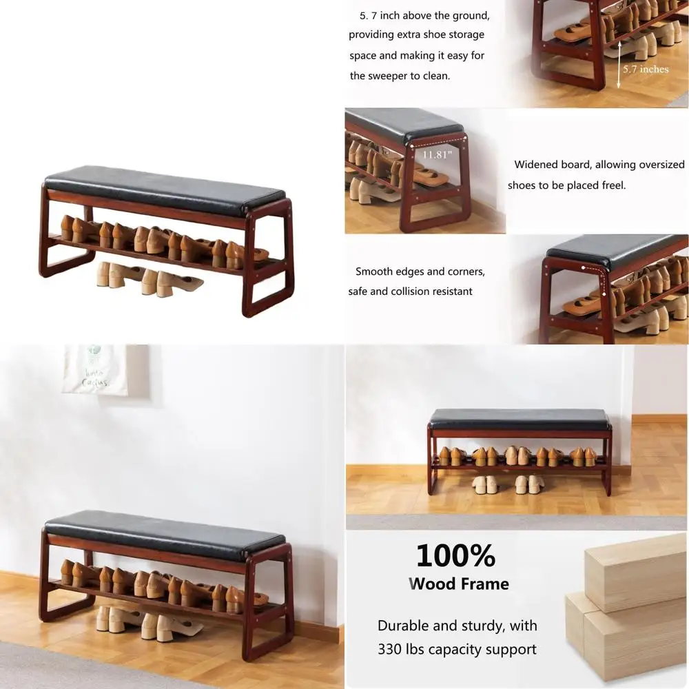 Modern 2-Tier Solid Wood Shoe Bench with Faux Leather Cushion, Black, 39.4 for Entryway and Living Room