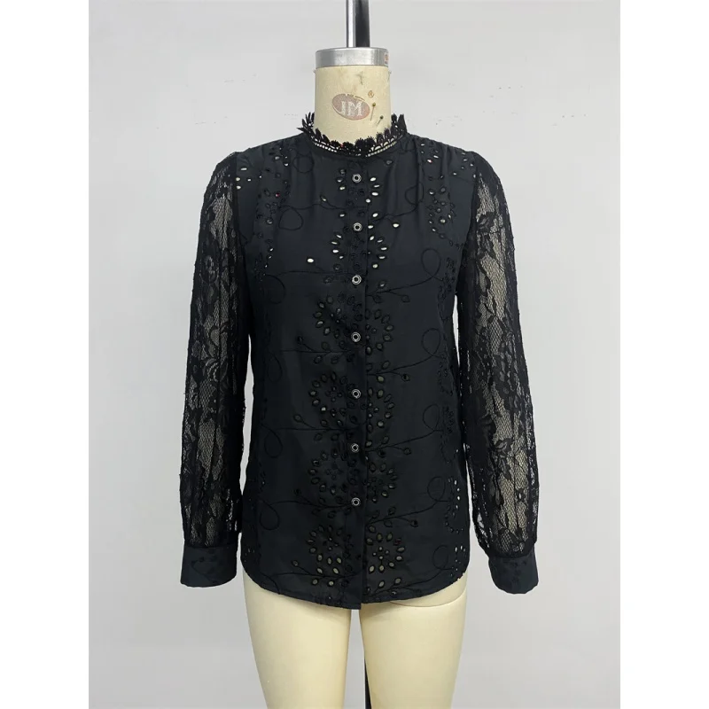 Faionable Spitzenbluse für Damen, lässig, Herbst-Top, gerader Schnitt, lang, Sve, Knopfleiste, reine Farbe, Polyester, Damen, irt