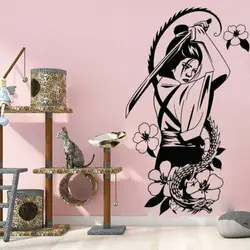 Japanese Geisha with Catana Flowers Dragon Stickers Anime Vinyl Wall Decals Bedroom House Decoration Boys Girls Room Poster P673