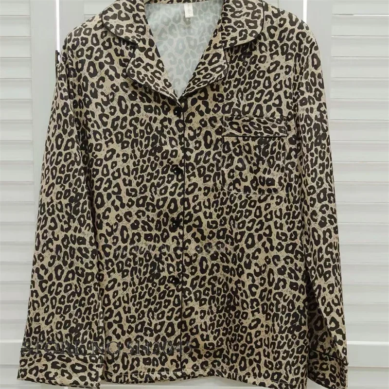 

Женский комплект пижам из 2 предметов, сексуальное леопардовое белье, брючный костюм с длинными рукавами, пижамы, весенняя шелковая атласная ночная одежда, домашняя одежда