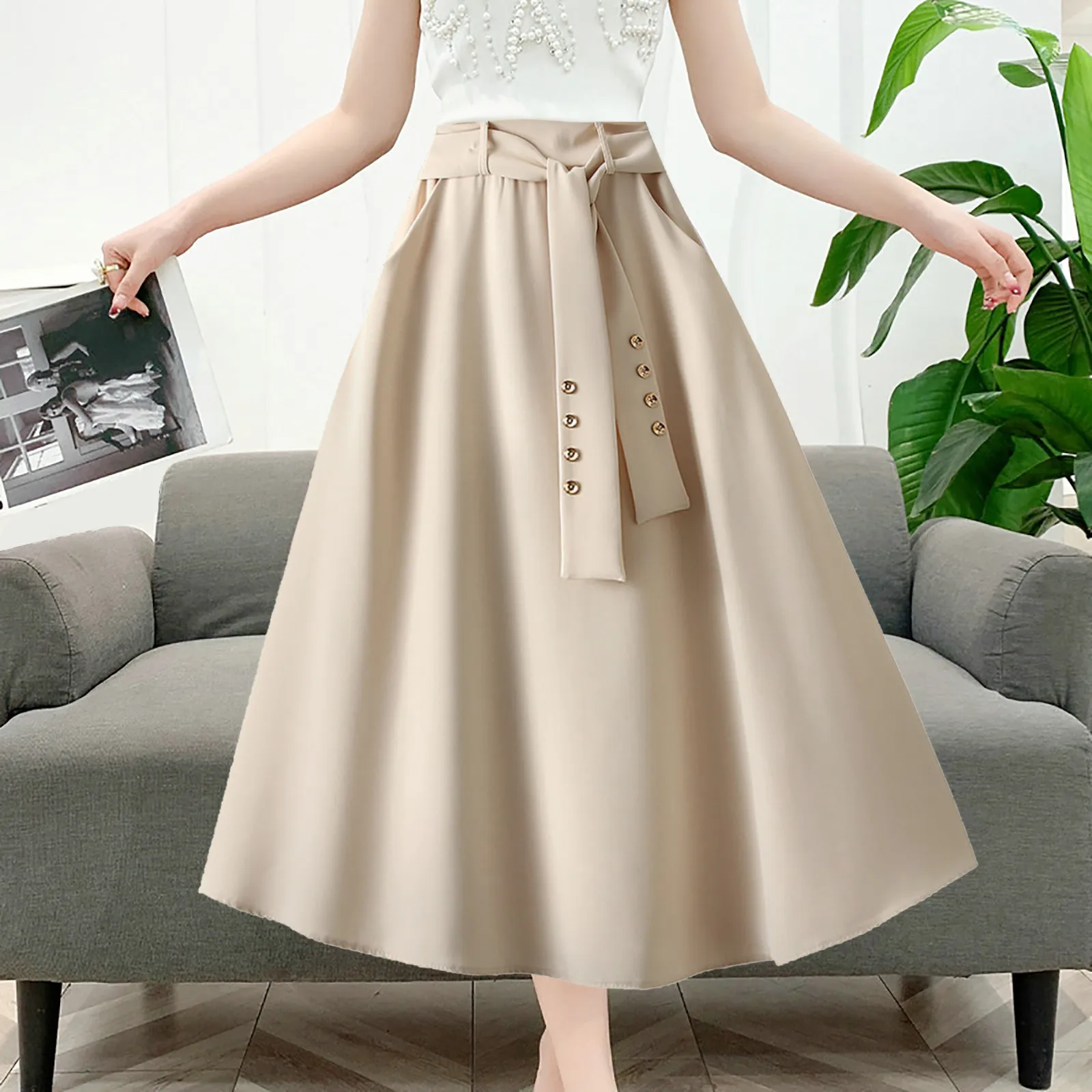 Long Elegant Umbrella Skirt Women Solid Japanese Sweet A-Line High Waist Skirts With Belt Big Swing Hem Dress Ladies Beach Skirt