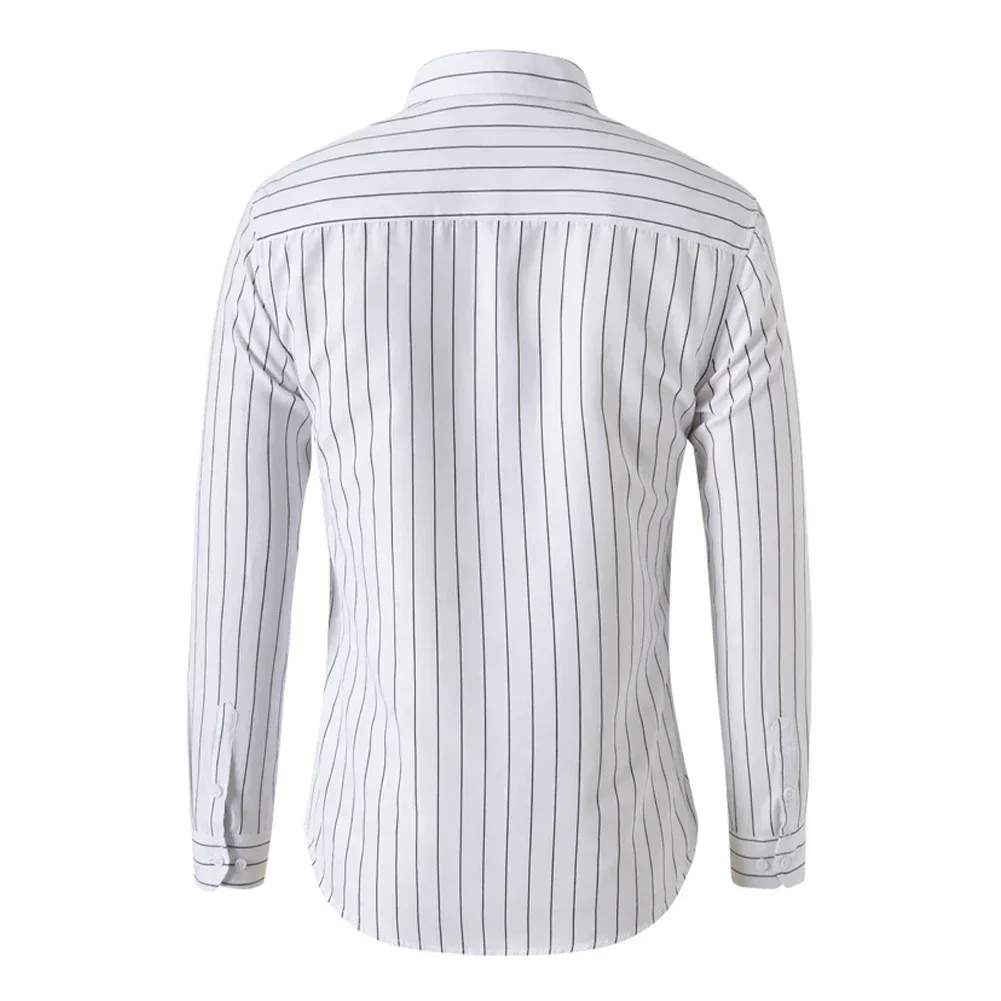 New Mens Long Sleeve Striped Button Shirt Business Baggy Tops Casual Flip Collar Shirt Tight Formal Breathable Solid Male Shirts