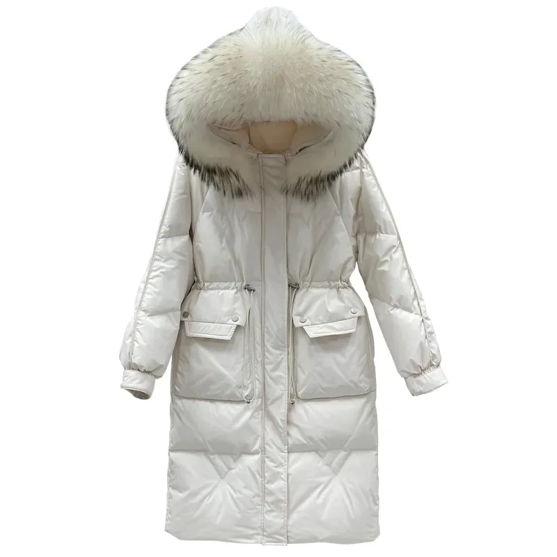 

2023 New High-end White Goose Down Jacket Women's Long Over-the-knee Waist Fashion Temperament Large Wool Collar Warm Coat Women