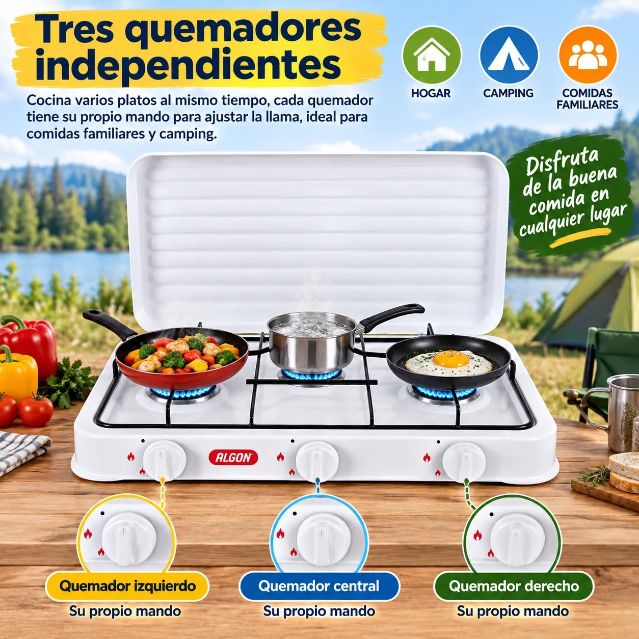 Estufa de Gas Portátil con 3 Quemadores Independientes y Tapa Protectora, Cocina de Metal Blanca para Camping, Jardín y Emergencias, Hornillo Multiusos con Rejillas de Alta Resistencia