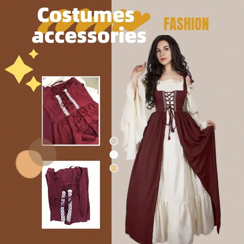 Halloween Costume European American Square Neck Tie Waist Medieval Renaissance Vintage Dress Costumes Accessories