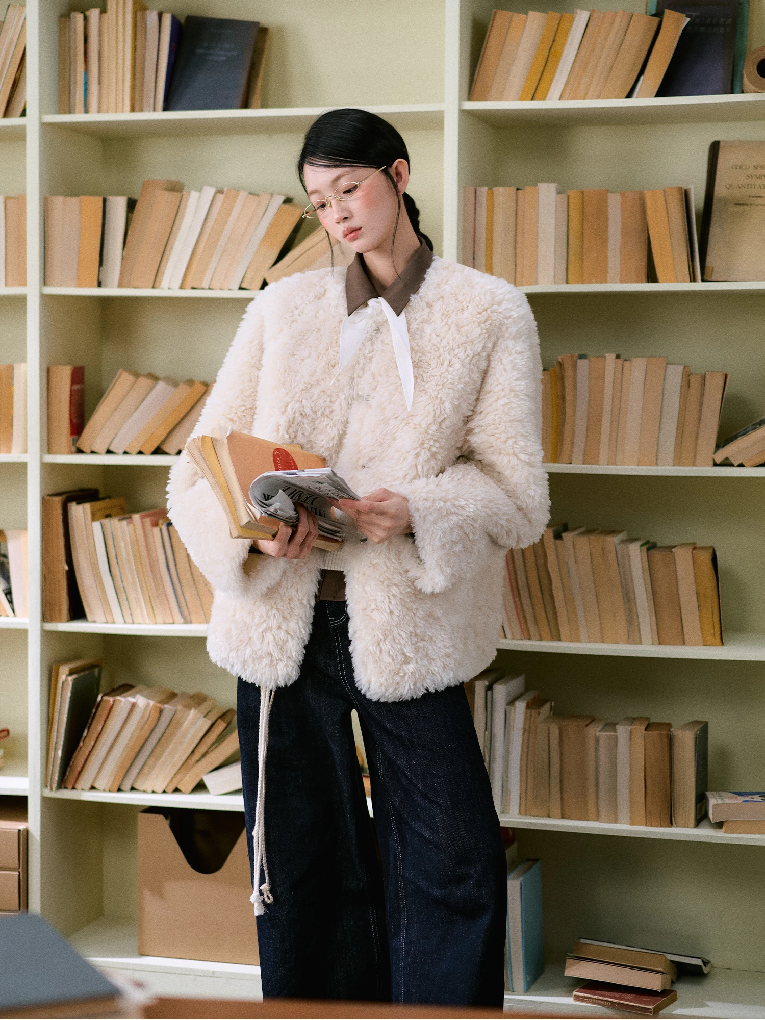 Casaco de Pele E com Gola Redonda para Mulheres, Aquecimento de Inverno, Couro Ecológico, Estilo Simples, Manga Longa,...
