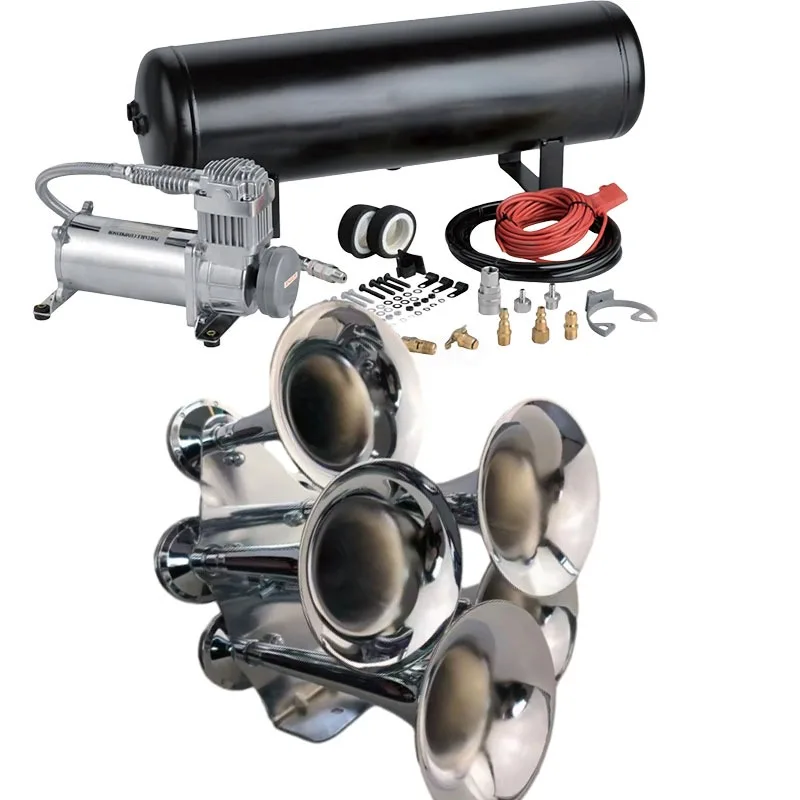 150dB High Quality Super Large Gas Tank Horn 2 Gallon Chrome Air Compressor 5 Horn Train Truck Horn Kit