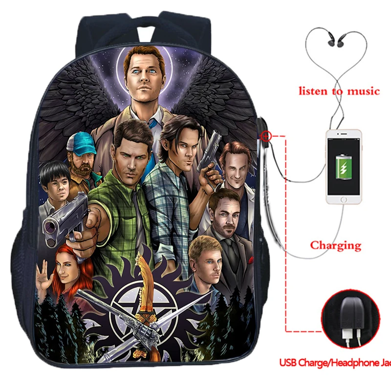 

Hot Movie Supernatural Print Backpack Teenager Usb Charging Travel Rucksack Men Laotop Knapsack Waterproof Students Schoolbag