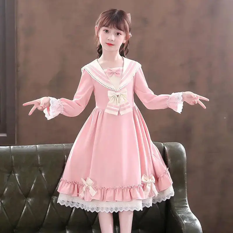 European 2024 Autumn winter girls Clothes retro teens sailor lace party bow-tie uniform Child Princess Dress 7 8 9 10 12 year