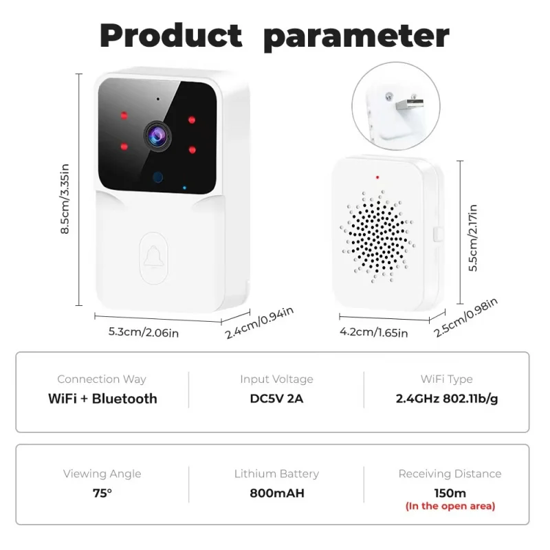 

HD WiFi Video Doorbell Low Power Rechargeable Night Vision Smart Security Door Bell 1‑to‑1 Home Intercom