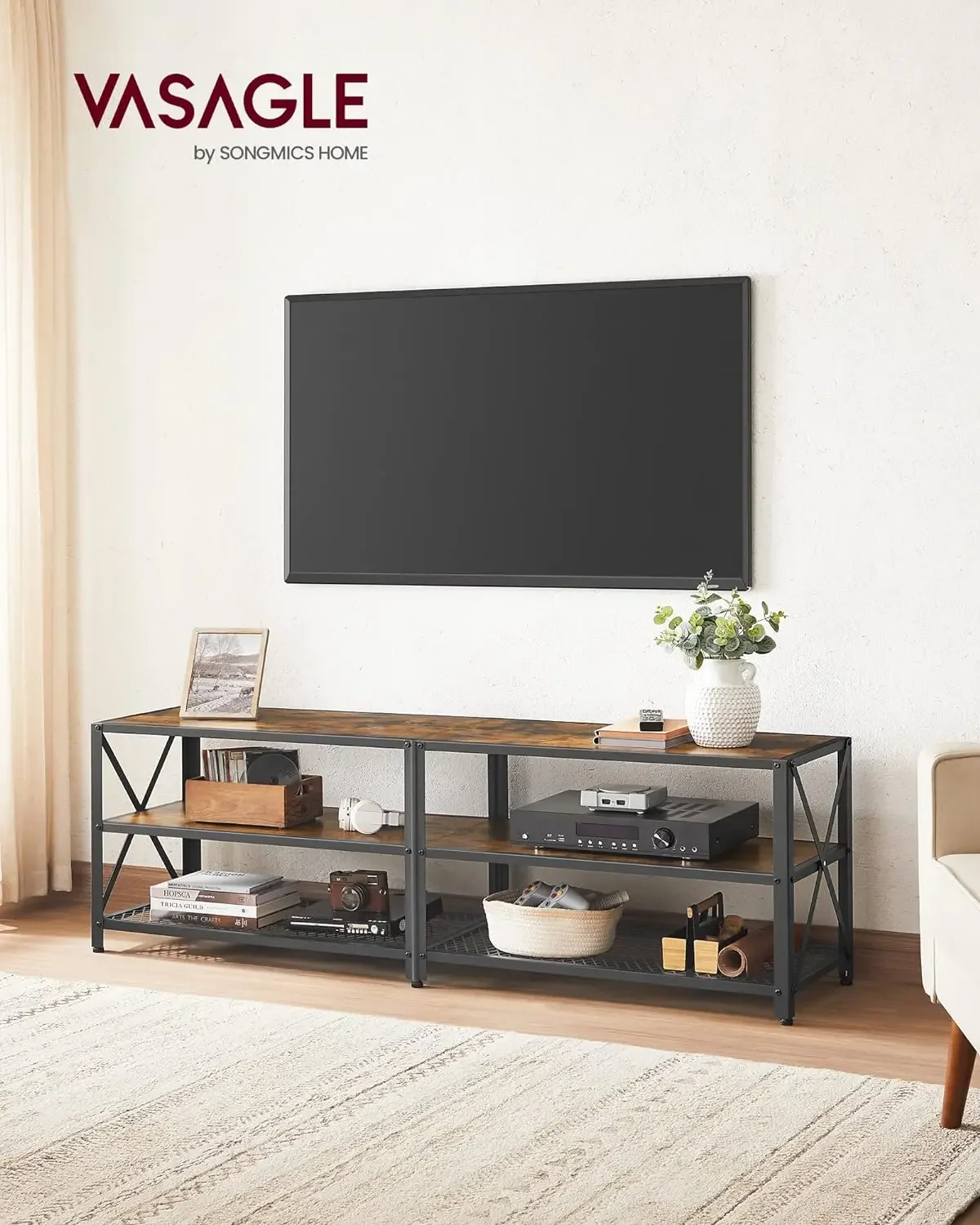 VASAGLE TVStand, TV Console for TVs Up to 70 Inches, TVTable, 63 Inches Width, TVCabinet with Storage Shelves, Steel Frame, f