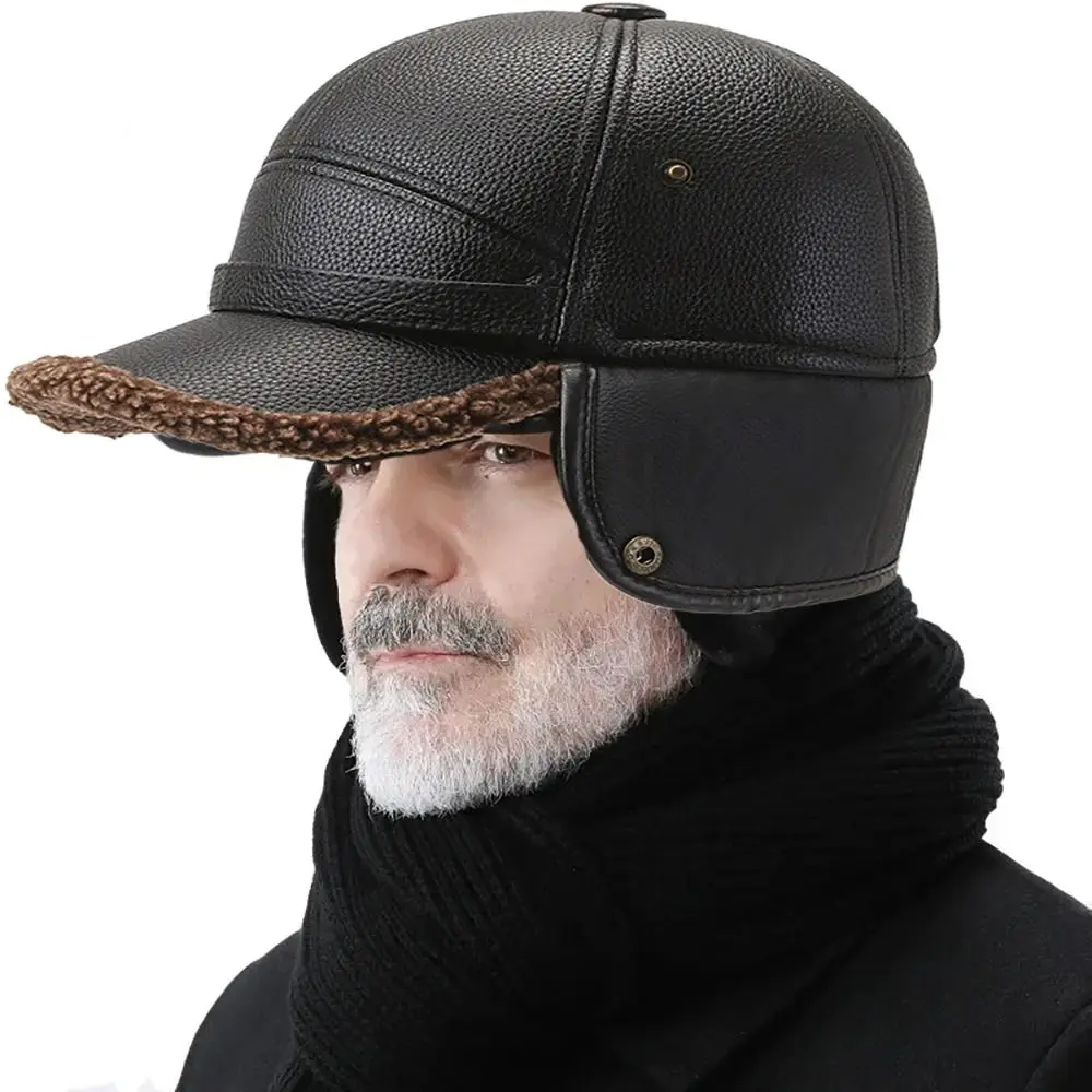 Dad Grandpa Old Man Winter PU Leather Hat Male Winter Dad Grandpa Thermal Hat Thick Warm Leather Hat Outdoor Ear Protection Cap