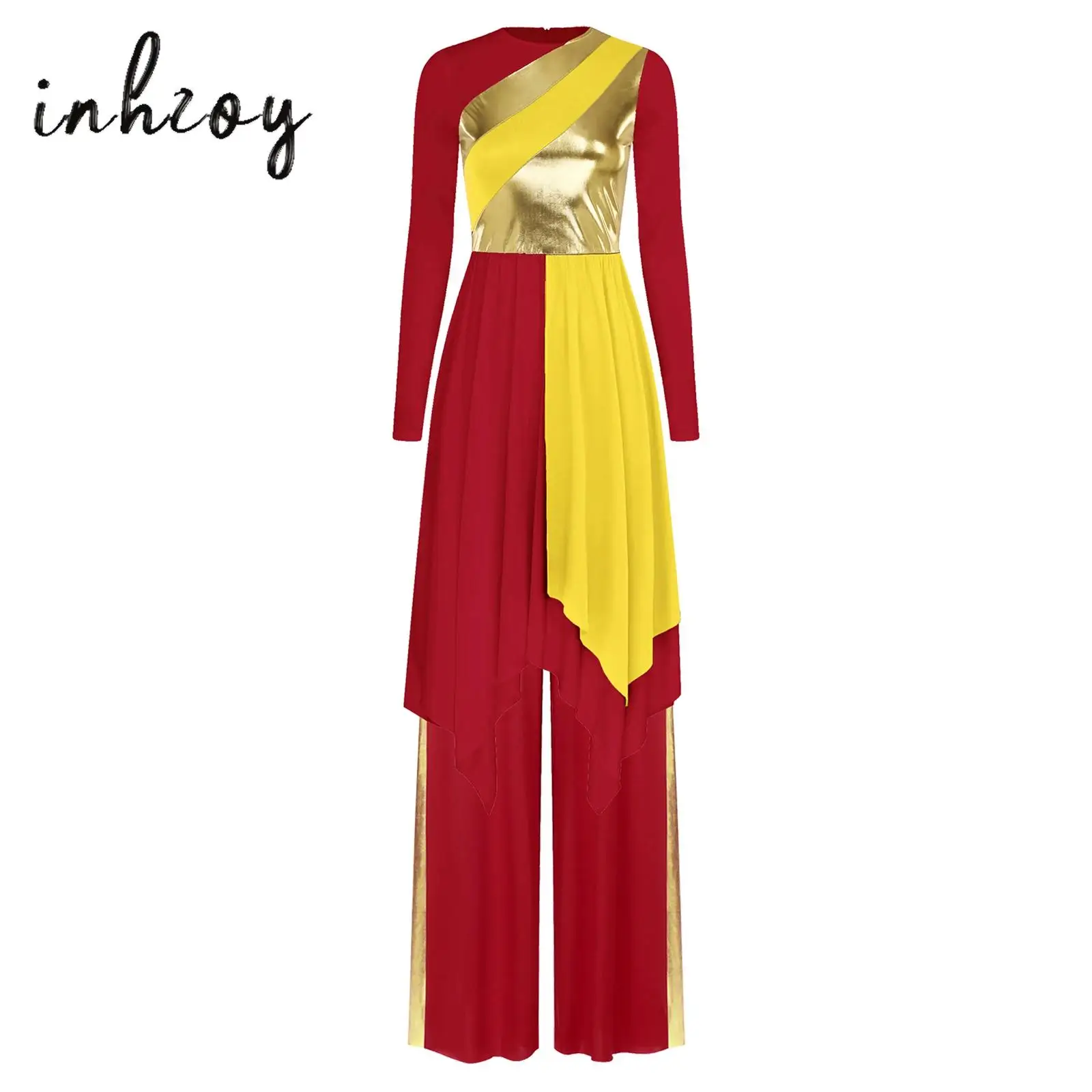 

Women Liturgical Lyrical Dance Outfit Worship Dancewear Long Sleeve Metallic Contrast Color Asymmetrical Dress+Wide-Leg Pants