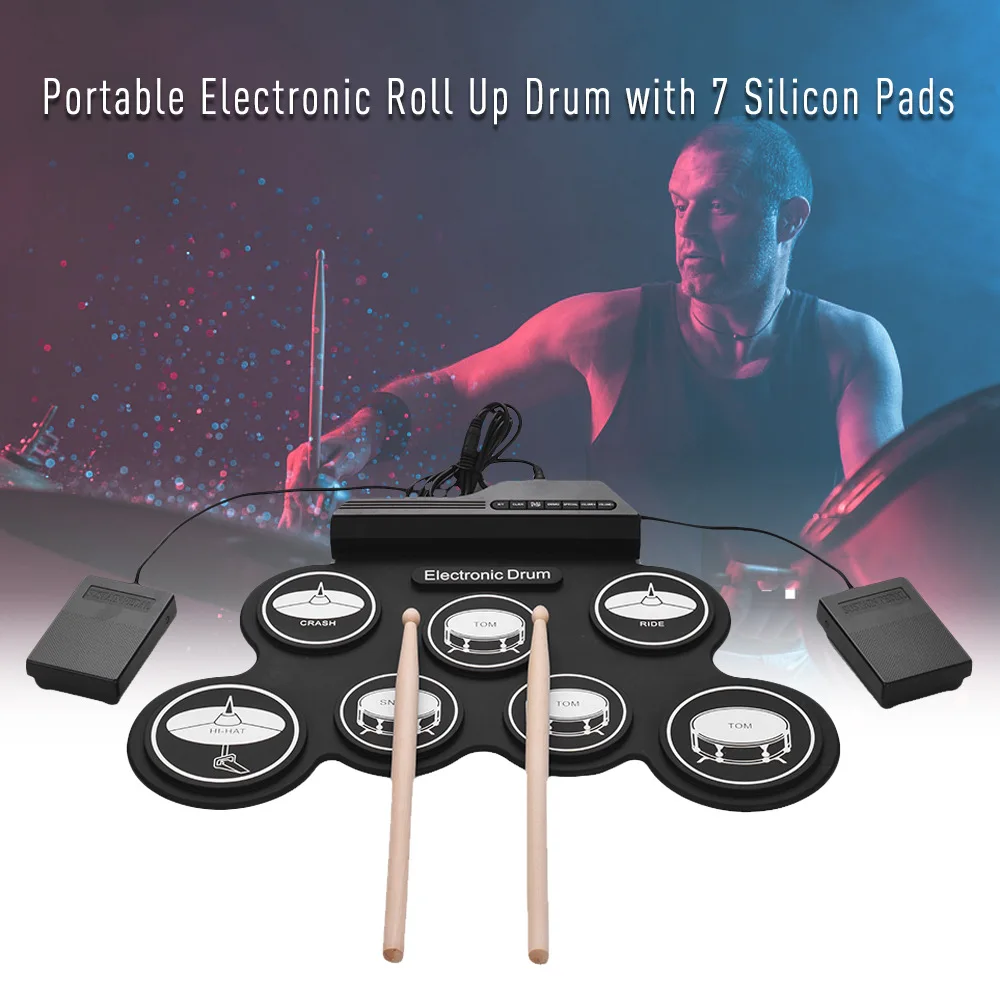 7 Pads Roll up Set Silicone Drum Portátil Eletrônico Digital USB Kit de Bateria Elétrica com Baquetas Sustain Pedal Pedal Pedais