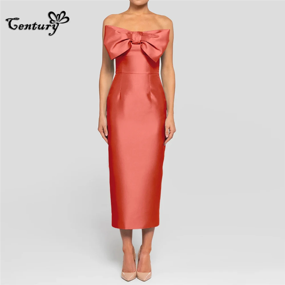 

Coral Prom Dress Long Strapless Tea-Length Big Bow Satin Evening Party Gowns Formal Occasion Dresses Robe De Soiree Customized