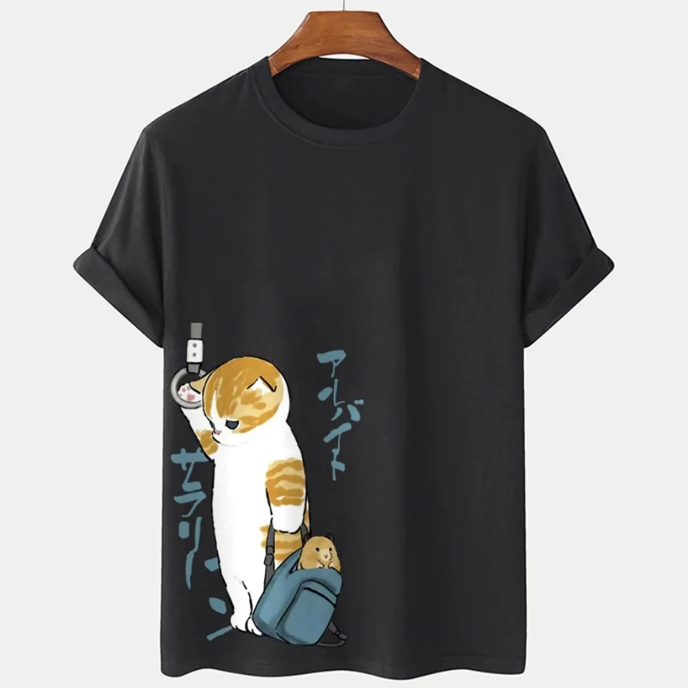 Cartoon Cat Men\'s T-Shirt Japanese Style Cat Print T-Shirts Casual Loose Short Sleeve Tee Oversized Men Clothing Tops Summer New