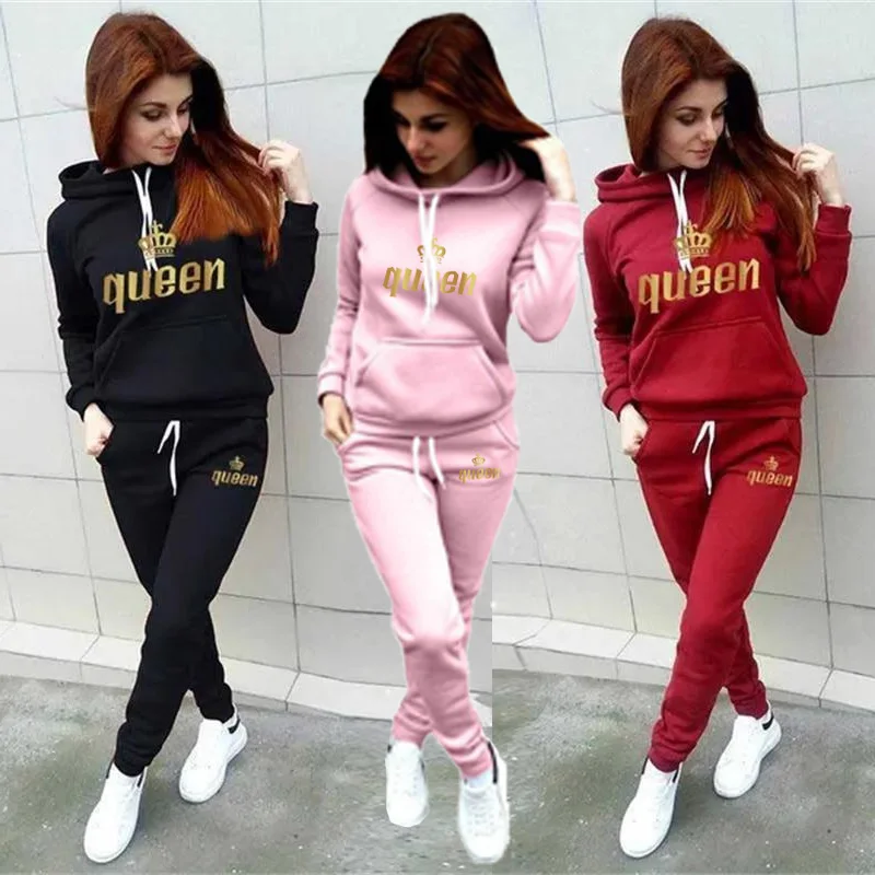 Frauen Trainings anzug Königin bedruckte Hoodies und Jogging hose 2 Stück Set Frühling Herbst Mode Casual Sport weibliche Jogging anzug 4xl