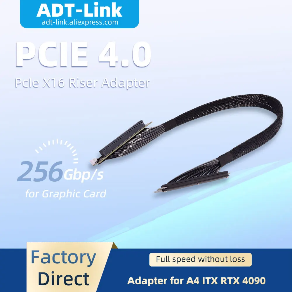 ADT-Link 256Gbps PCIE 4.0 x16 Dual Reverse Riser Cable Right & Left Bend Cable 256Gbps GPU Adapter for A4 ITX RTX 4090 RX7900xt