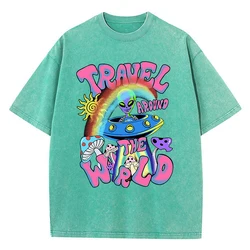 Women Cotton Washed T-Shirts Fashion Loose O-Neck Tee Shirts The Arrival Of Aliens Printing Short Sleeve Summer Female Clothes