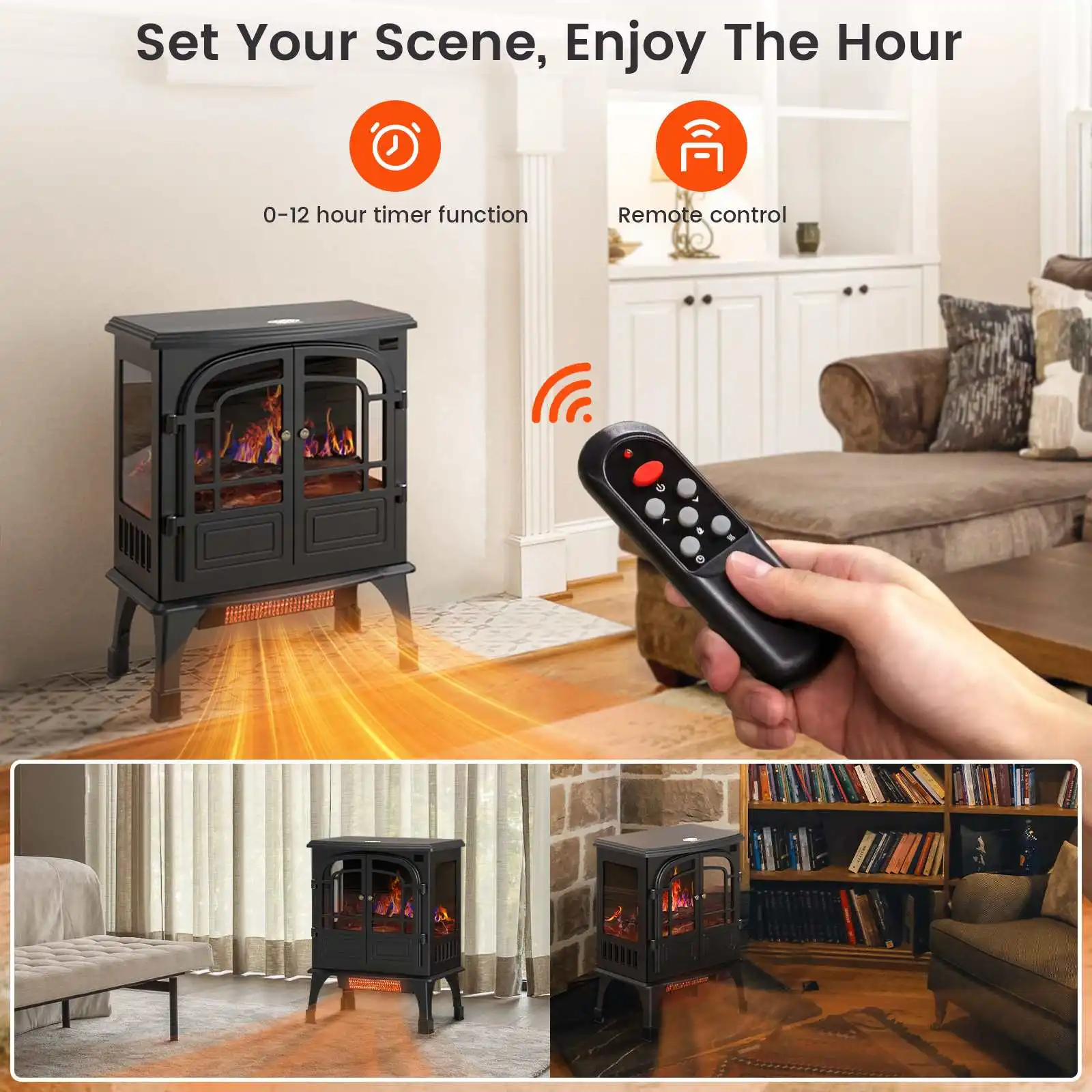 Warmtoo 1500W 24 Inches Electric Fireplace Remote Portable Stove 3D Flame Effect Freestanding Heater with PTC Heating System