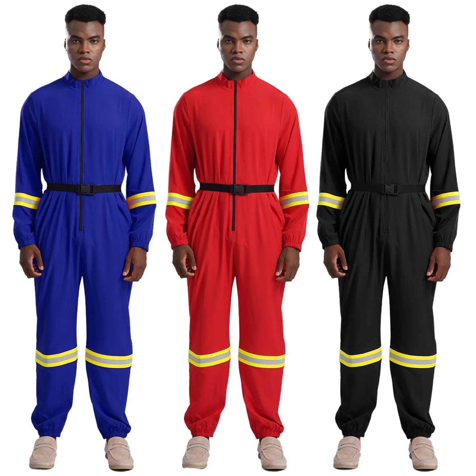 

Men Firefighter Cosplay Halloween Costumes Jumpsuit with Belt Stand Collar Long Sleeve Front Zipper Rompers Carnival Clubwear