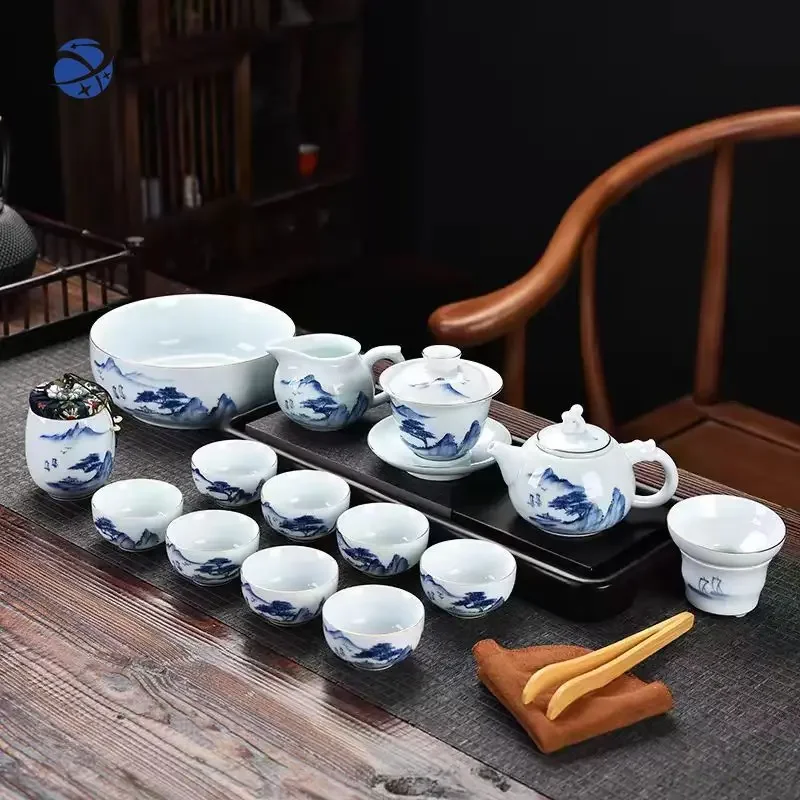 

Ручная роспись Синий Белый Лейзаж Чайный сервиз Фарфоровый горшок Крышка Чаша Чашка Кунг Фу