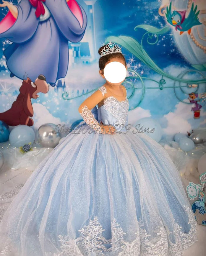 Vestido elegante de ensueño azul cielo para niña, apliques delicados, decoración de lazo de gran tamaño, Poncho plisado de tul, Mini quinceañera