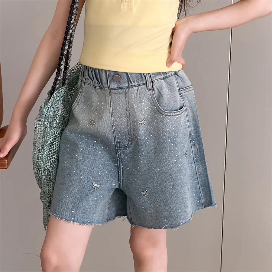 

Street Style Kids Children New Summer Gradient Blue Denim Shorts with Rhinestones for Teen Girl Crystal Knee Length Jeans Shorts