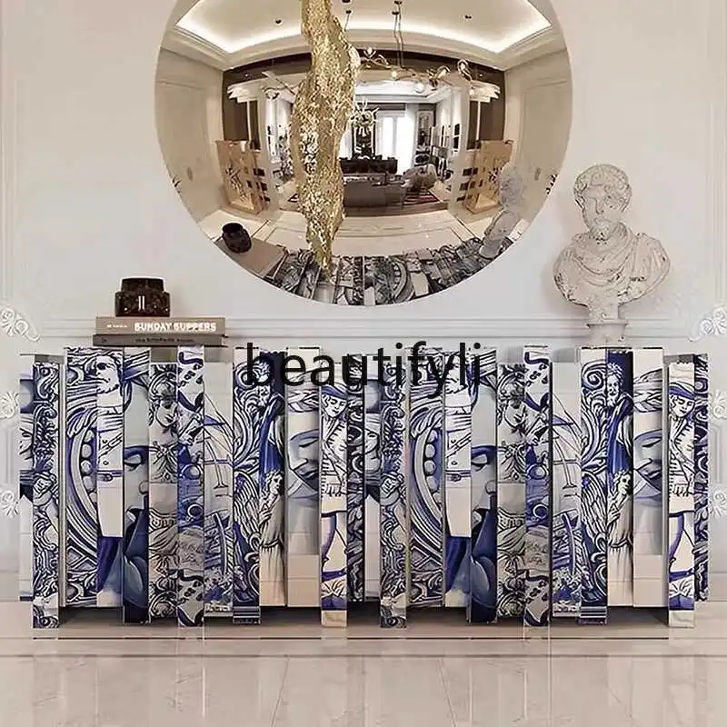 Light luxury solid wood porch cabinet, dining side cabinet, hand-painted blue and white side cabinet against the wall