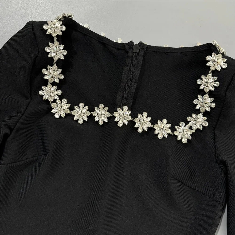 2025 New Women Elegant Bandage Dress Beading Flare Sleeve Patchwork Clothes Celebrity Party Dresses