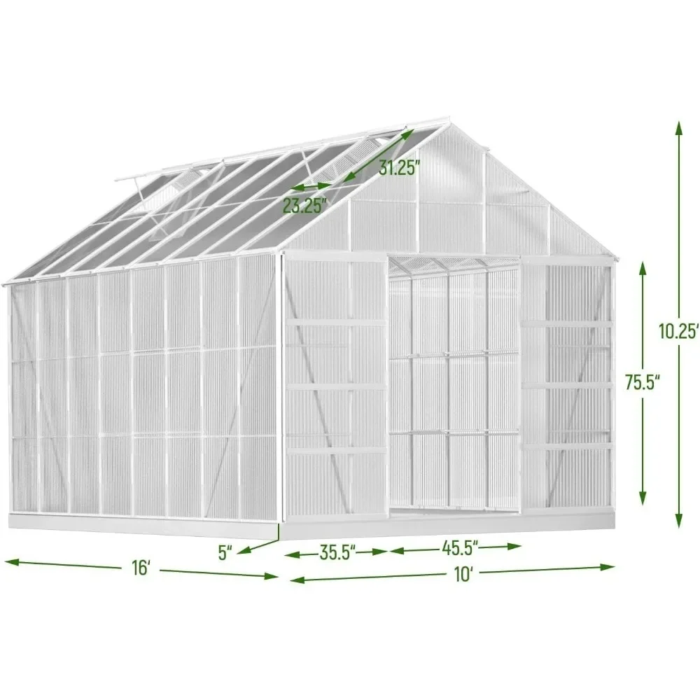 10' X 16' Greenhouse with Adjustable Roof Vent and Sliding Door, Winter Outdoor Aluminum Polycarbonate Greenhouse