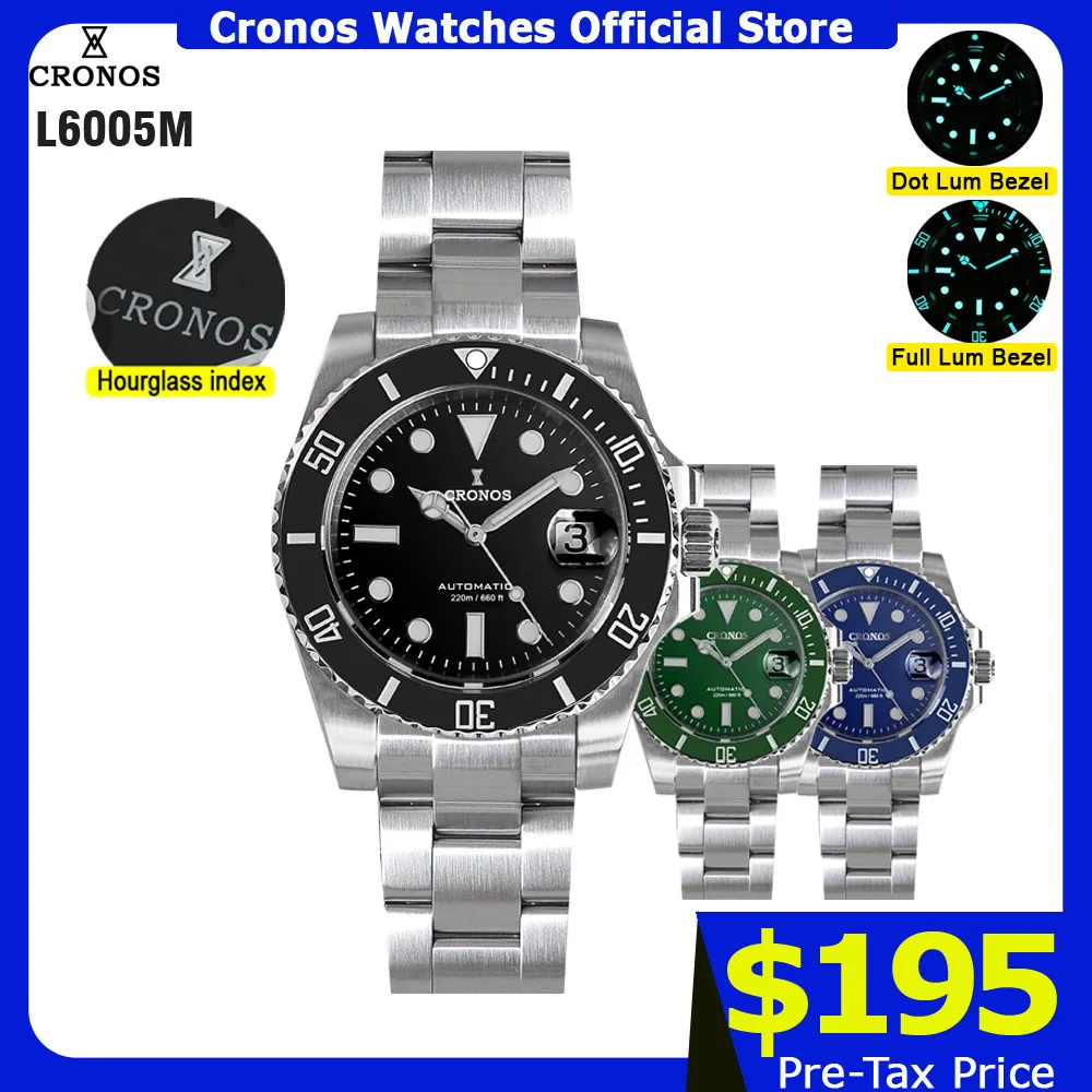 

Мужские часы Cronos Sub Diver из нержавеющей стали PT5000, браслет из нержавеющей стали, керамический безель, водонепроницаемость 200 метров, L6005 V3