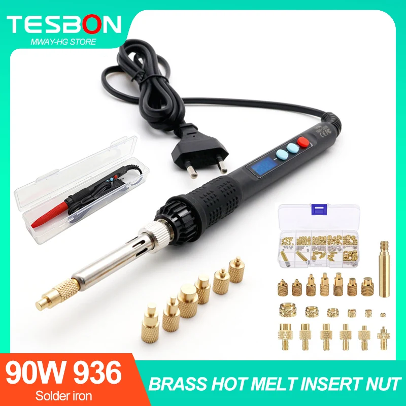 

90W 936 Smart Soldering Iron Digital Display with M2 M3 M4 M5 M6 M8 Heat Insert Nut Tips 130PCS Set for 3D Printer Welding Tool