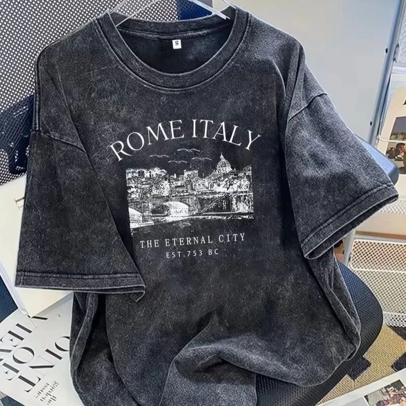 Vintage Washed Rome Italy The Eternal City Print T-shirt Men Casual Loose Round Neck Short Sleeve Cotton Tee Retro Graphic Top