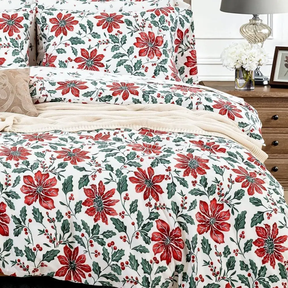 طقم غطاء لحاف قطن 100% مقاس كينج - 104x90 مع 2 شمز، تصميم زهرة عيد الميلاد في المزرعة #5