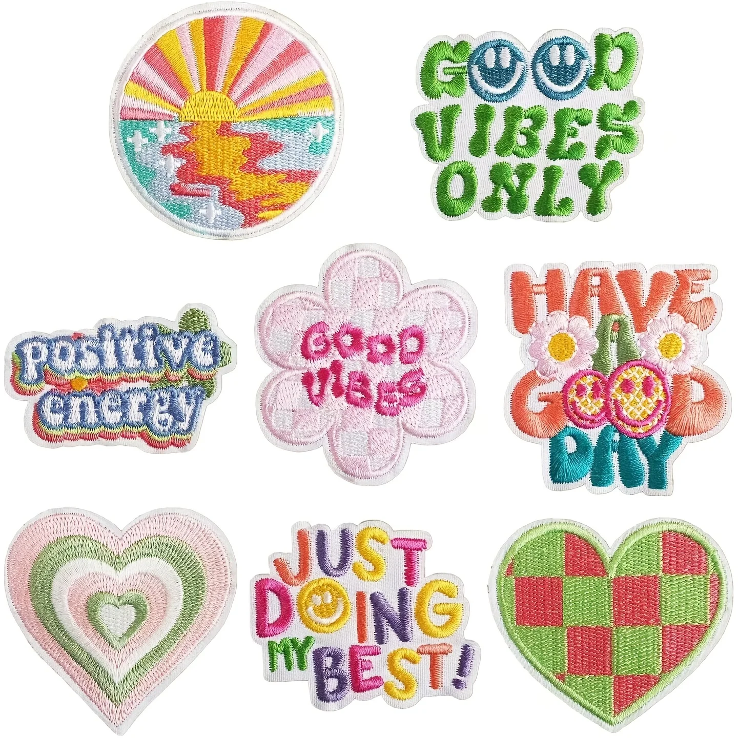 

8pcs Motivational quotes positive energy Iron-On/Sew-On Embroidered Patches, Vibrant Mixed Colors for Clothing Repair Halloween Christmas Thanksgiving Gifts, Diy Craft Supplies, Festive Garment Decor, Textured Appliques, Durable Stitching