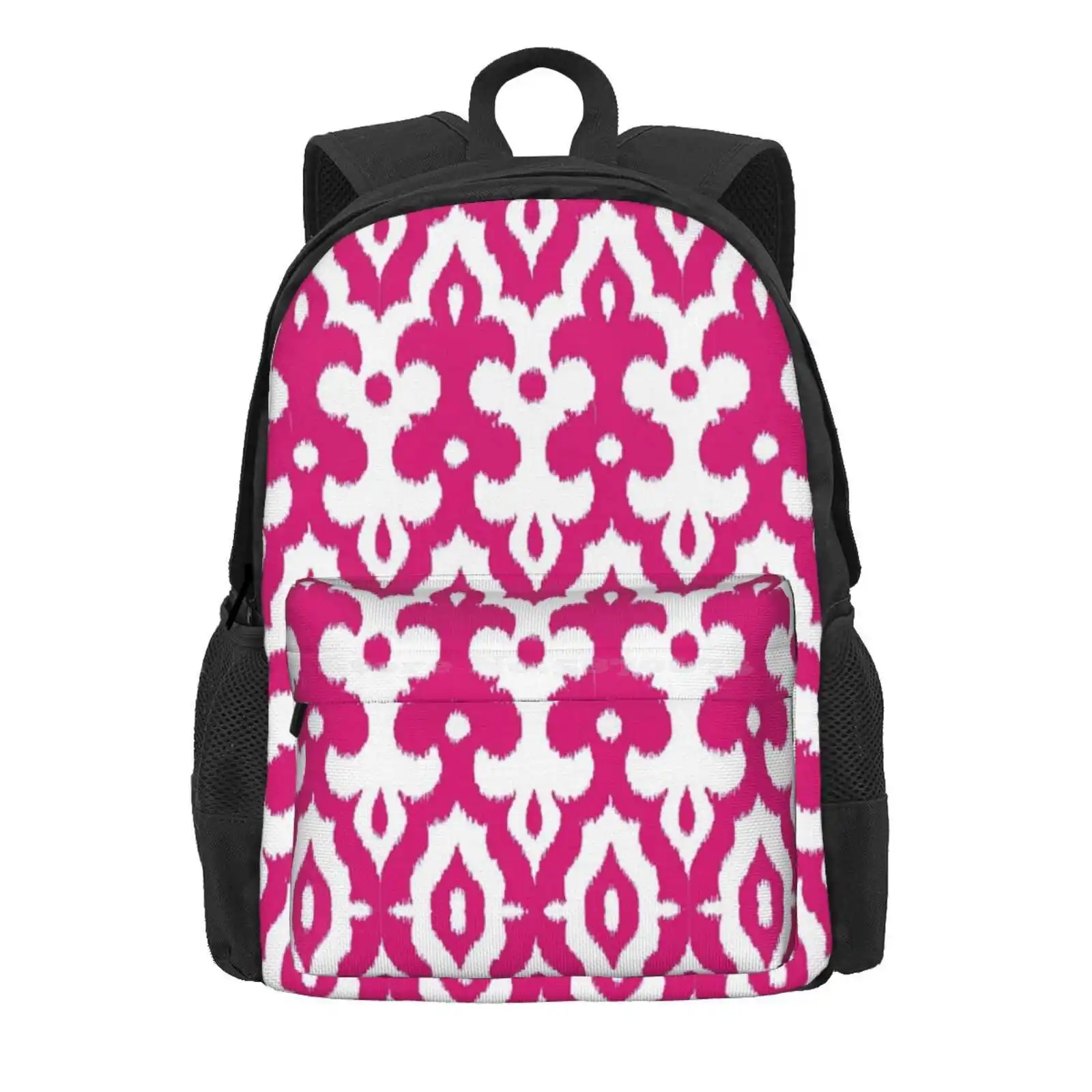 Moroccan Ikat Damask, Fuchsia Pink And White Hot Sale Schoolbag Backpack Fashion Bags Moroccan Fleur De Lis Frieze Fuchsia Pink