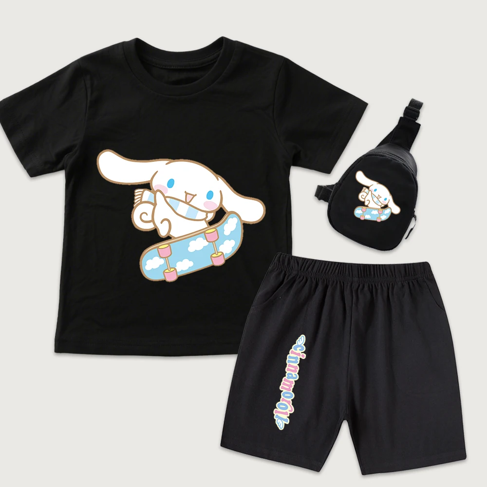 

Детский комплект из 3 предметов: футболка с принтом Cinnamoroll Skateboard Ride, шорты и мини-сумка на грудь для мальчиков и девочек, повседневный летний наряд