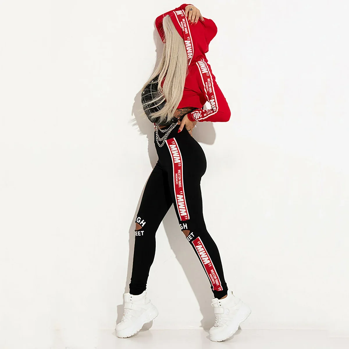 Oshoplive Women Fashion Letter Printed Crop Hoodies Long Sleeves Tops & Holes Pants Sports Suits Gym Sportswear Two Pieces Set